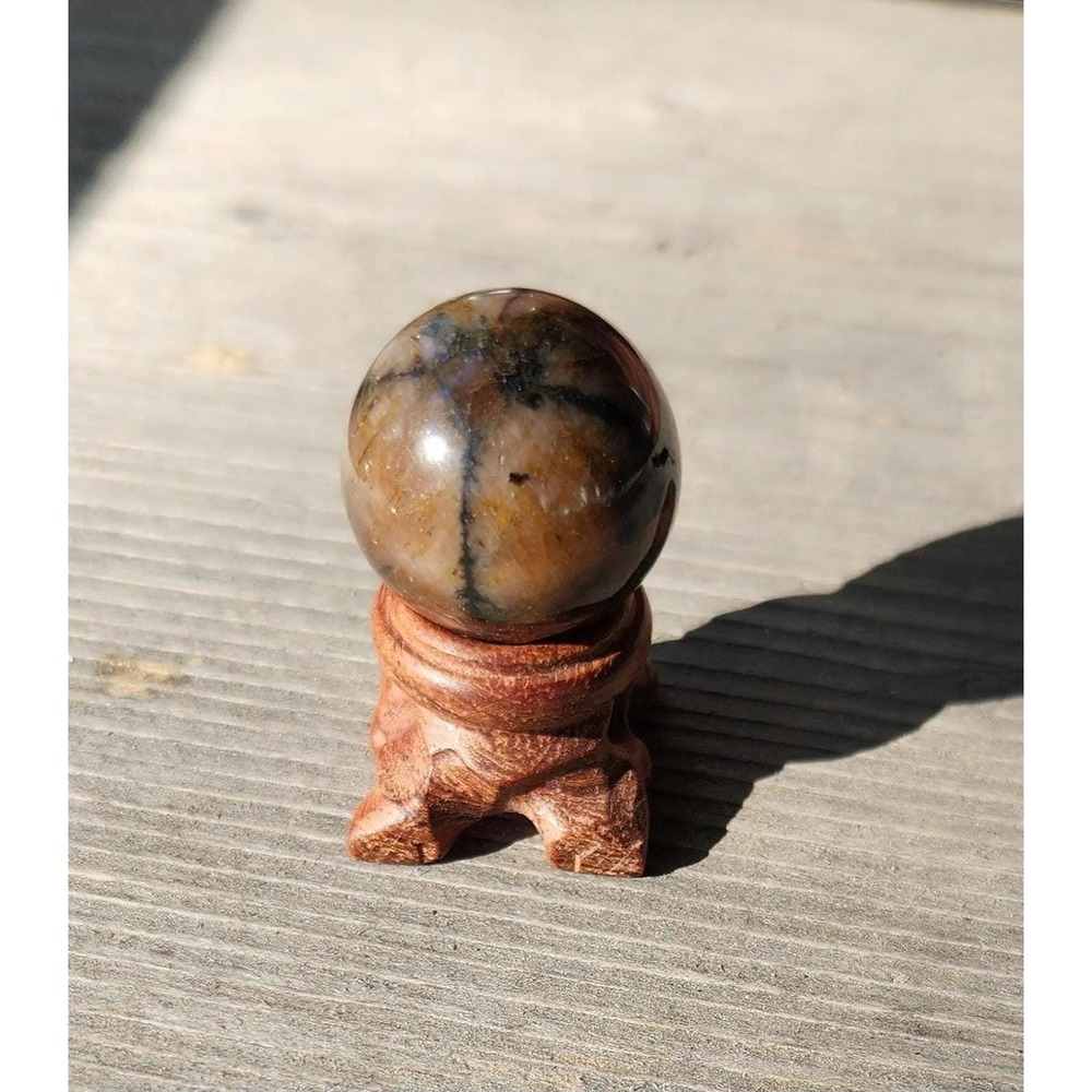 Tiny Staurolite Chiastolite Sphere with Carved Wooden Stand, Fairy Cross